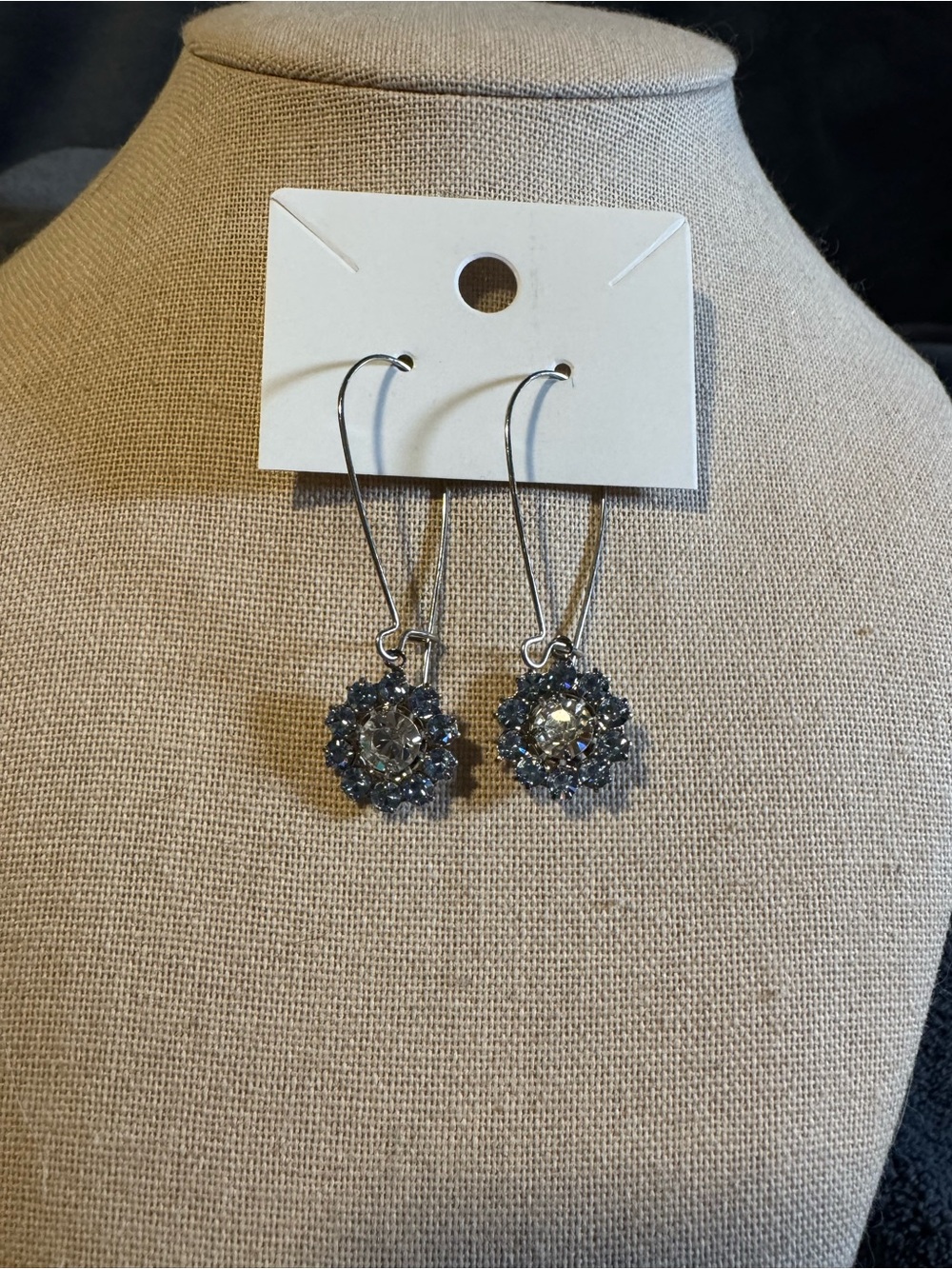 Pale Blue and Clear Flower Floral Earrings 
2 inch drop, Swarovski Crystals
